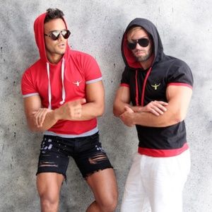 Short Sleeve Red gray Hoodie Men Women Unisex